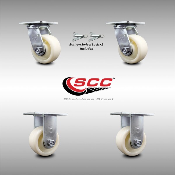 4 Inch Stainless Steel Nylon Caster Set with Ball Bearings 2 Swivel Lock 2 Rigid